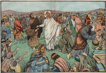 La multiplication des pains : sur les rives du lac de Tibériade, Jésus-Christ satisfait la population en multipliant cinq pains d