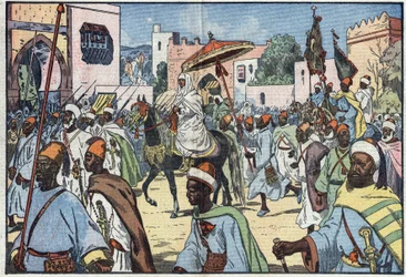 Le nouveau sultan du Maroc, Moulay Mohammed, fait son entrée dans la ville de Rabat. Illustration de Damblans. Dans « Le Pèlerin » du 4 décembre
