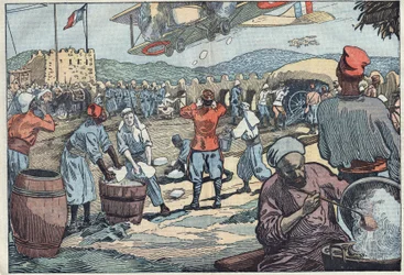 Guerre au Maroc : des avions français approvisionnent en glace un blockhaus assiégé par des dissidents marocains. Illustration de Damblans. Dans « Le Pèlerin » du 24 mai.