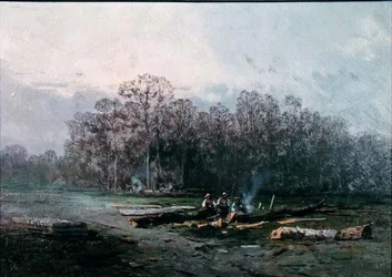 Paysage brumeux avec bûcherons