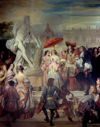 Pierre Puget (1620-1694) présente sa statue Milon de Crotone à Louis XIV (1638-1715) dans les jardins du château de Versailles