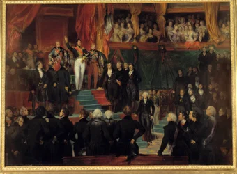 Révolution de 1830 : le roi Louis-Philippe Ier (1773-1850) jure de maintenir la Charte de 1830 en présence des chambres réunies dans la salle provisoire du Palais Bourbon le 9 août