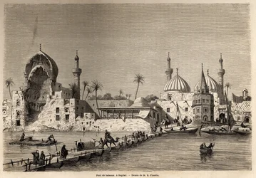 Un pont de bateaux, à Bagdad, dessin pour illustrer son voyage en Mésopotamie de 1840 à 1842. Gravure dans « Le tour du monde » 1861. Collection Selva