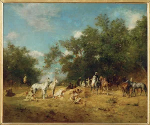 Cavaliers arabes en halte dans un bois (peinture sur toile)