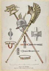 Accessoires du guerrier gaulois : bannière décorant un saglier, casque et carnyx - dans "Cahiers d