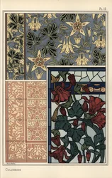 Ancolie, Aquilegia vulgaris, motif floral pour papier peint, vitraux et carreaux