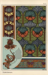 Fleur impériale, Fritillaria imperialis, dans des motifs de papier peint et de tissu, et comme design pour une lampe en fer forgé