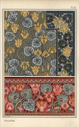 Cyclamen persicum comme motif dans des dessins pour tapisserie, tissu et papier peint. Lithographie par Anna Martin