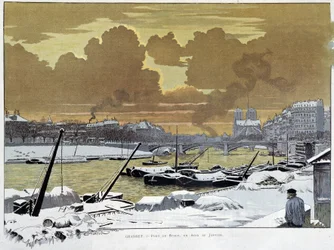 Le pont de Sully, à Paris couvert de neige, un soir de janvier 1886 - par Grasset