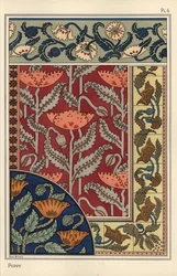 Le pavot, Papaver somniferum, en vitrail, papier peint, motifs de tissu et de carreaux. Lithographie de Marc Mangin