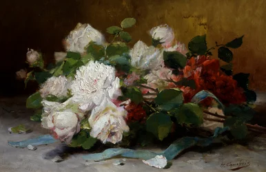 Le Bouquet de Roses. Peinture de Eugene Henri Cauchois (1850-1911) Collection privee.