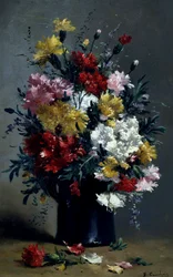 Nature morte aux oeillets. Peinture de Eugene Henri Cauchois (1850-1911) Collection privee.