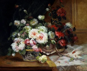 Pot de Roses. Peinture de Eugene Henri Cauchois (1850-1911 French) Collection privee