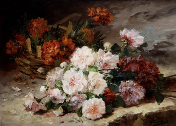 Roses et giroflees. Peinture de Eugene Henri Cauchois (1850-1911) Collection privee.