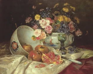 Nature morte de fleurs dans un vase chinois avec des grenades