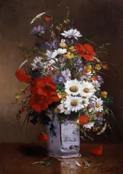 Vase de coquelicots et marguerites. Peinture de Eugene Henri Cauchois (1850-1911) Collection privee.