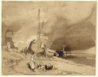 Bord de Plage (Bateaux de pêche sur une plage, nuages d