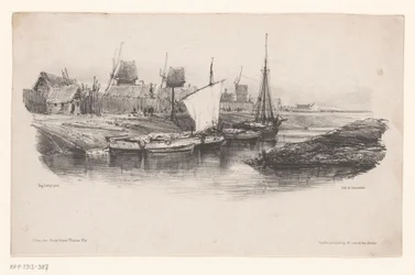 Port avec bateaux et moulins à vent