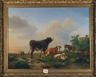 Un taureau, une vache, un âne, une chèvre, des moutons et de la volaille dans un paysage étendu