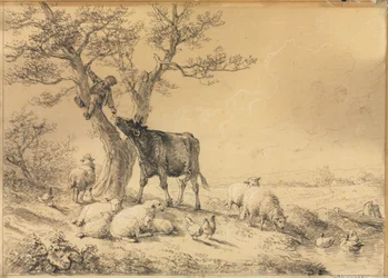 Paysage avec animaux et garçon dans l