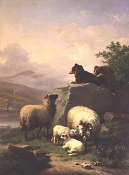 Moutons et agneaux avec deux chiens dans un paysage fluvial