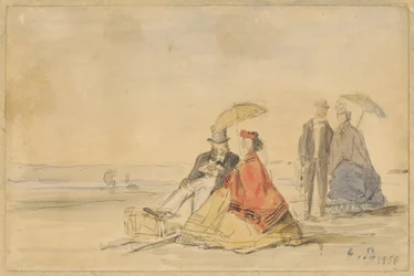 Un couple assis et un couple marchant sur la plage, 1865