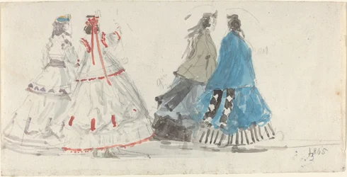 Quatre dames en crinolines marchant à Trouville