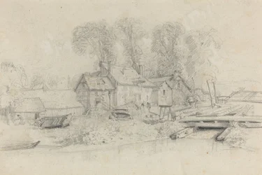 Paysage fluvial avec bâtiments, bateaux et personnages, vers 1858