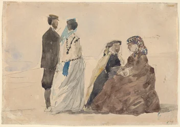 Deux dames assises et un couple marchant sur la plage, vers 1866