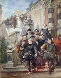 Une procession royale descendant un escalier dans un jardin, 1869
