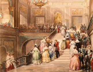 Le roi Louis-Philippe Ier (1773 - 1850) et la reine Marie-Amélie de Bourbon (1782 - 1866) reçoivent les invités à l