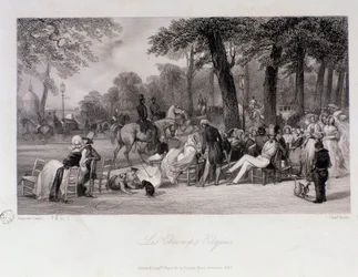 Passagers et promeneurs sur les Champs-Élysées à Paris. Gravure d