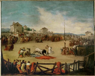 Tauromachie dans un village (peinture sur toile)