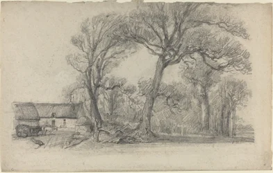 Paysage avec arbres, cottage et chariot de ferme