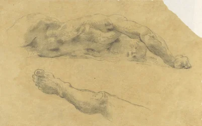 Homme nu allongé; sa jambe séparément