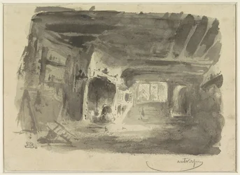 Intérieur avec femme agenouillée devant la cheminée