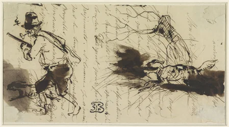 Chasseur avec chien, sur une lettre signée