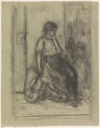 Musicienne de rue assise avec un violon