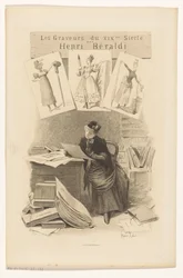 Femme regardant des estampes derrière un bureau