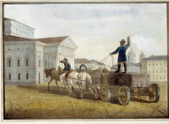 Transport des blocs de granit sur la place du théâtre à Saint Petersbourg