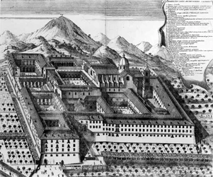 Vue aérienne de Monte Cassino, Italie (gravure)
