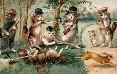 Chats de bande dessinée, à la chasse aux lapins (lithographie couleur)