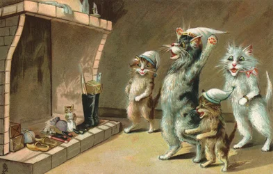 Chats de bande dessinée, attendant leurs cadeaux de Noël (lithographie couleur)