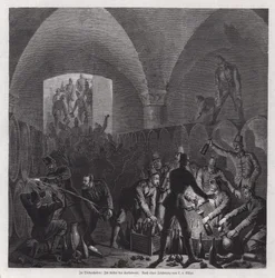 Soldats allemands se servant dans la cave à vin de la cathédrale de Thionville, France, Guerre franco-prussienne