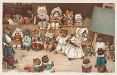Carte postale humoristique sur les chats (lithographie couleur)