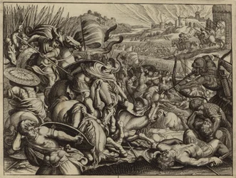 Les Israélites défaisant les Benjamites et brûlant leur ville (gravure)