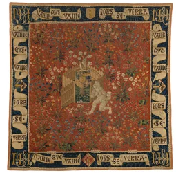 Tapisserie Mille fleurs représentant verdure, écu d