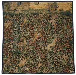 Fragment de tapisserie Mille fleurs représentant des animaux, des oiseaux et un paysage, vers 1500 (laine)