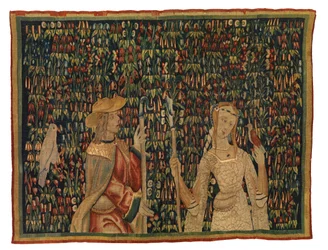 Fragment de tapisserie mille fleurs représentant un berger et une bergère ou une dame et un jeune homme