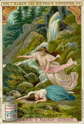Scène des Sept Corbeaux, conte des frères Grimm (chromolitho)